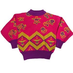 Michel 80s Retro Geometric Animal Print Mock Neck Sweater‎ Mens M Acrylic